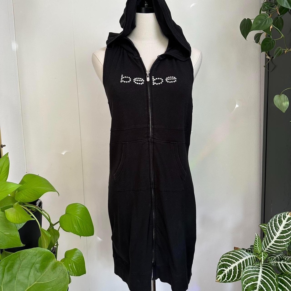 BEBE Black Jersey Sleeveless Mini Hoodie Dress Rhinestone Logo Y2K Large